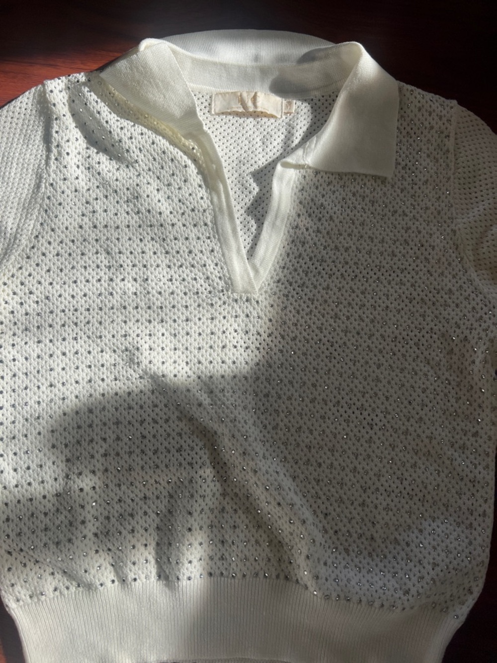 Women's Short-Sleeve Polo Sweater Tee in Ivory with Sparkle